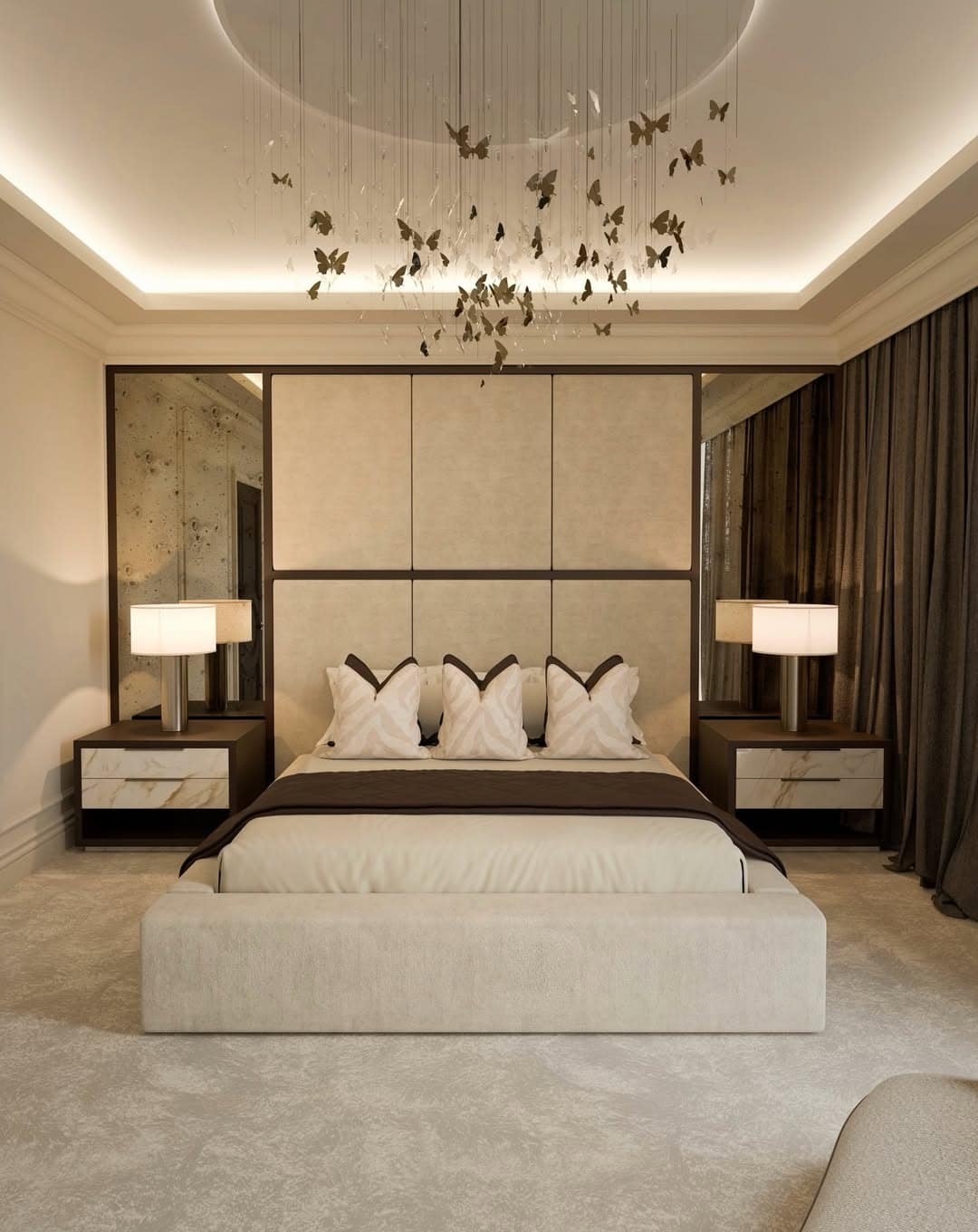 7. Cream and Espresso Bedroom with Statement Butterfly Ceiling - elegant bedroom ideas