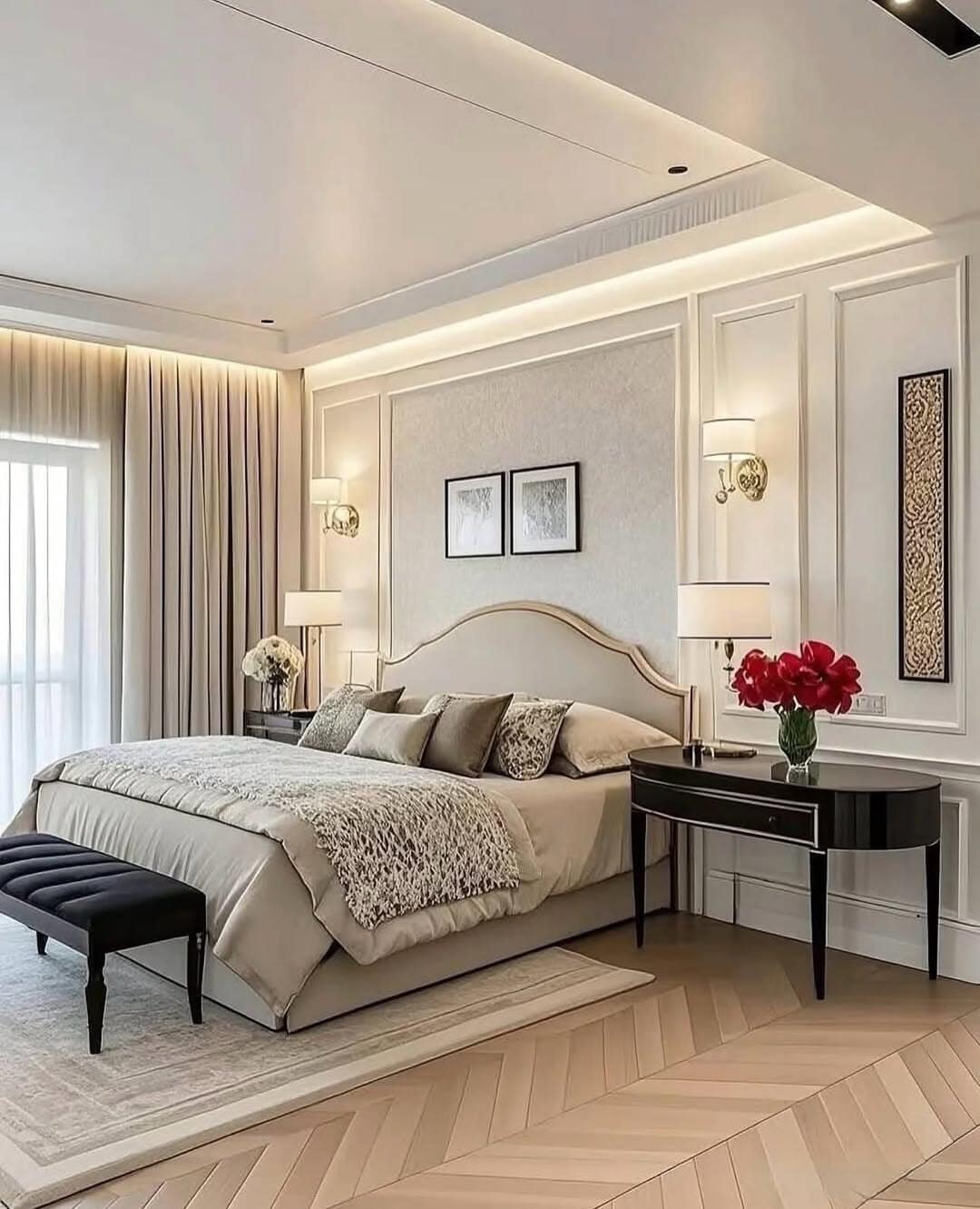 8. Ivory and Black Bedroom with Parisian-Inspired Wall Molding - elegant bedroom ideas