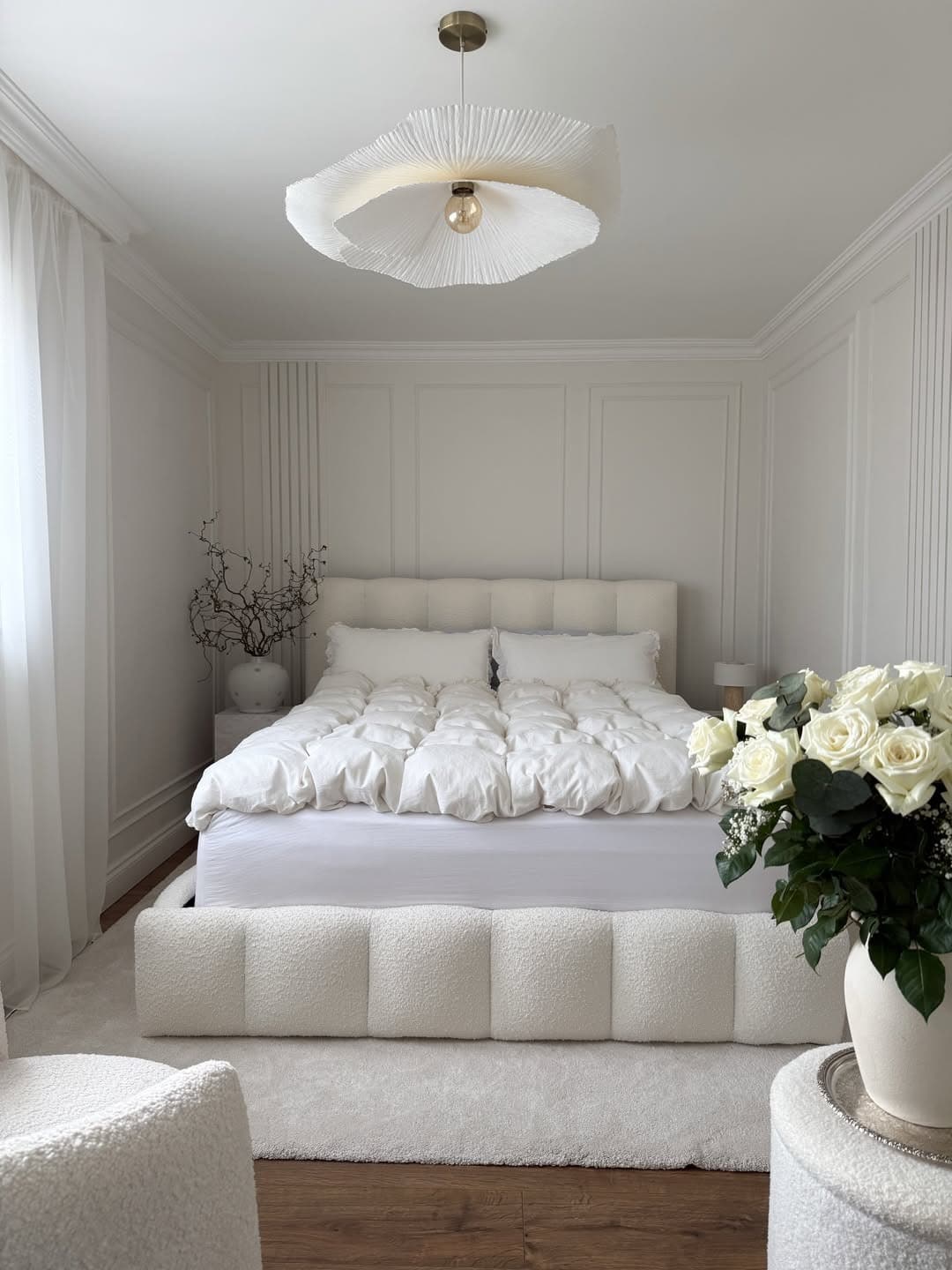 9. Cloud White Bedroom with Boucle Textures - elegant bedroom ideas