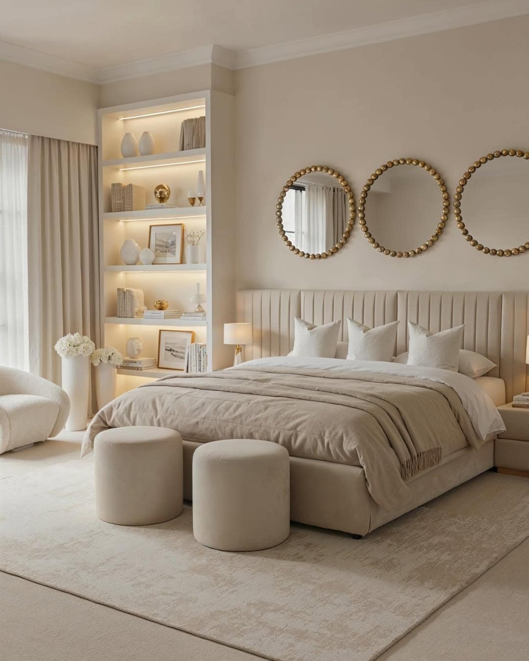 11. Cream and Gold Bedroom with Illuminated Built-In Shelving - elegant bedroom ideas