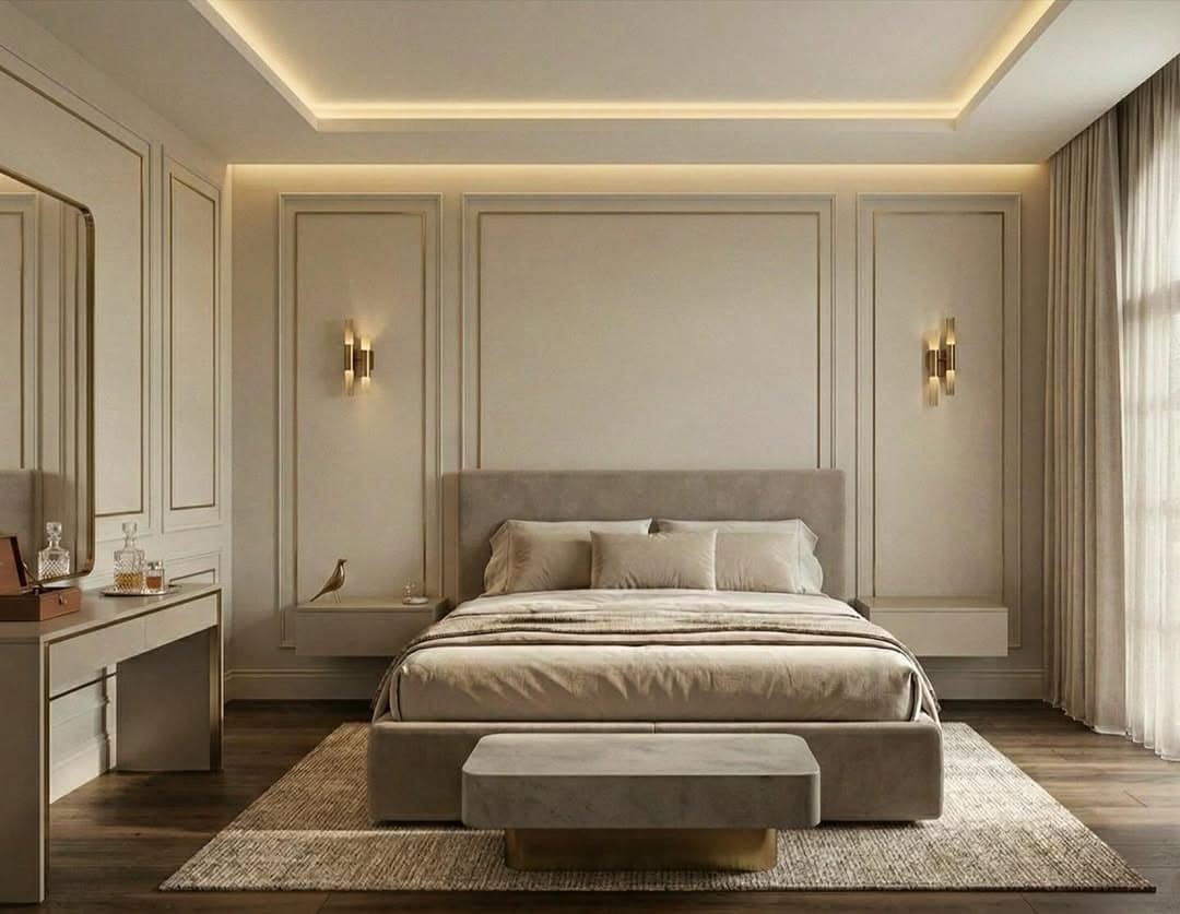 12. Warm Greige Bedroom with Layered Wall Molding - elegant bedroom ideas
