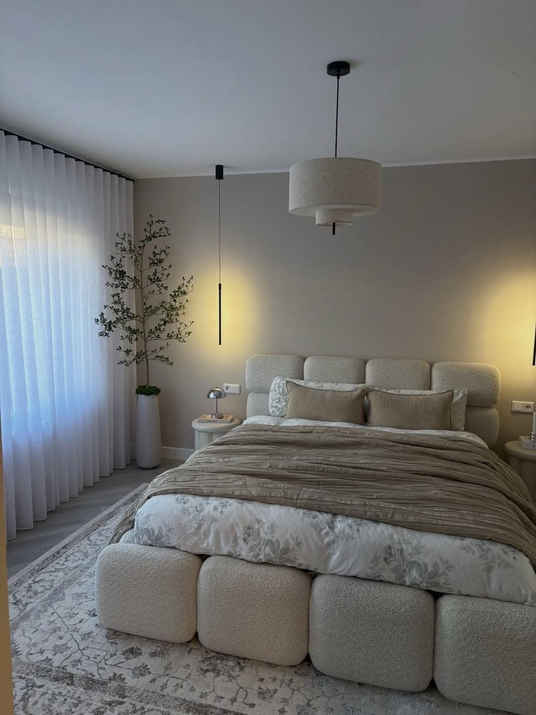13. Taupe and Ivory Bedroom with Boucle Bed - elegant bedroom ideas