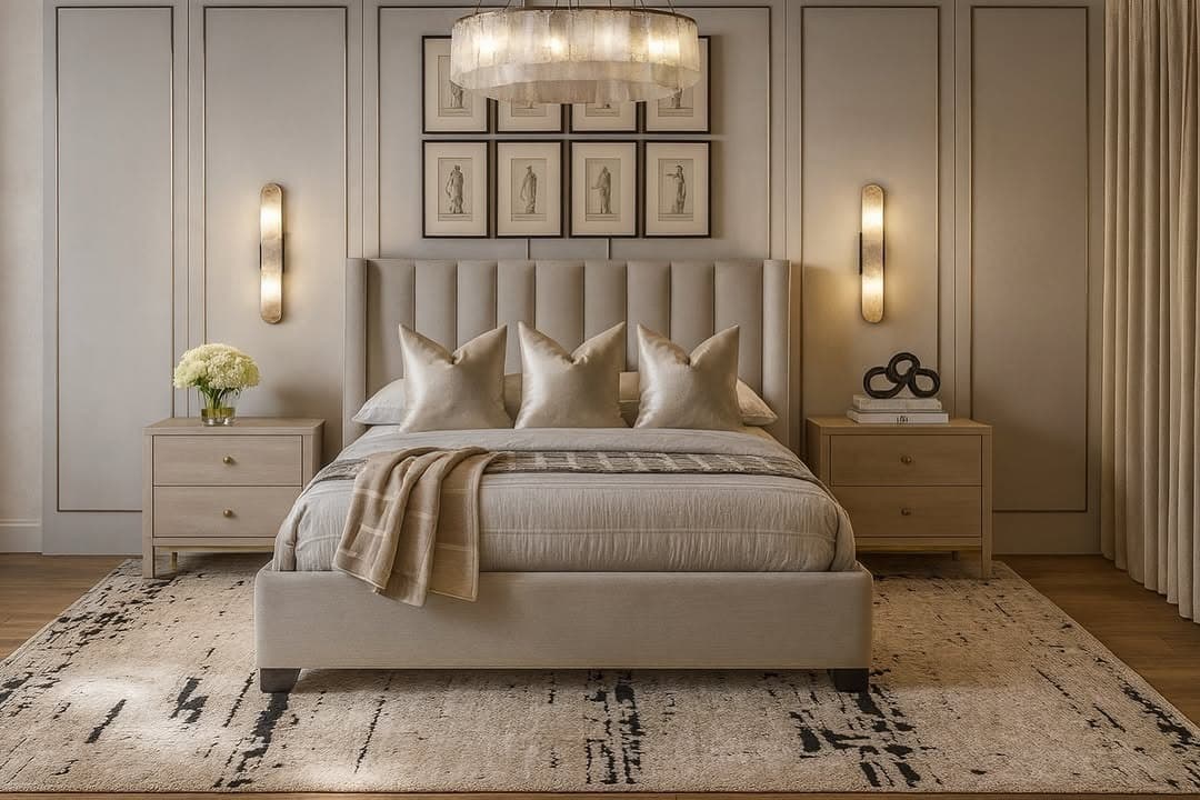 14. Champagne Beige Bedroom with Symmetrical Wall Paneling - elegant bedroom ideas