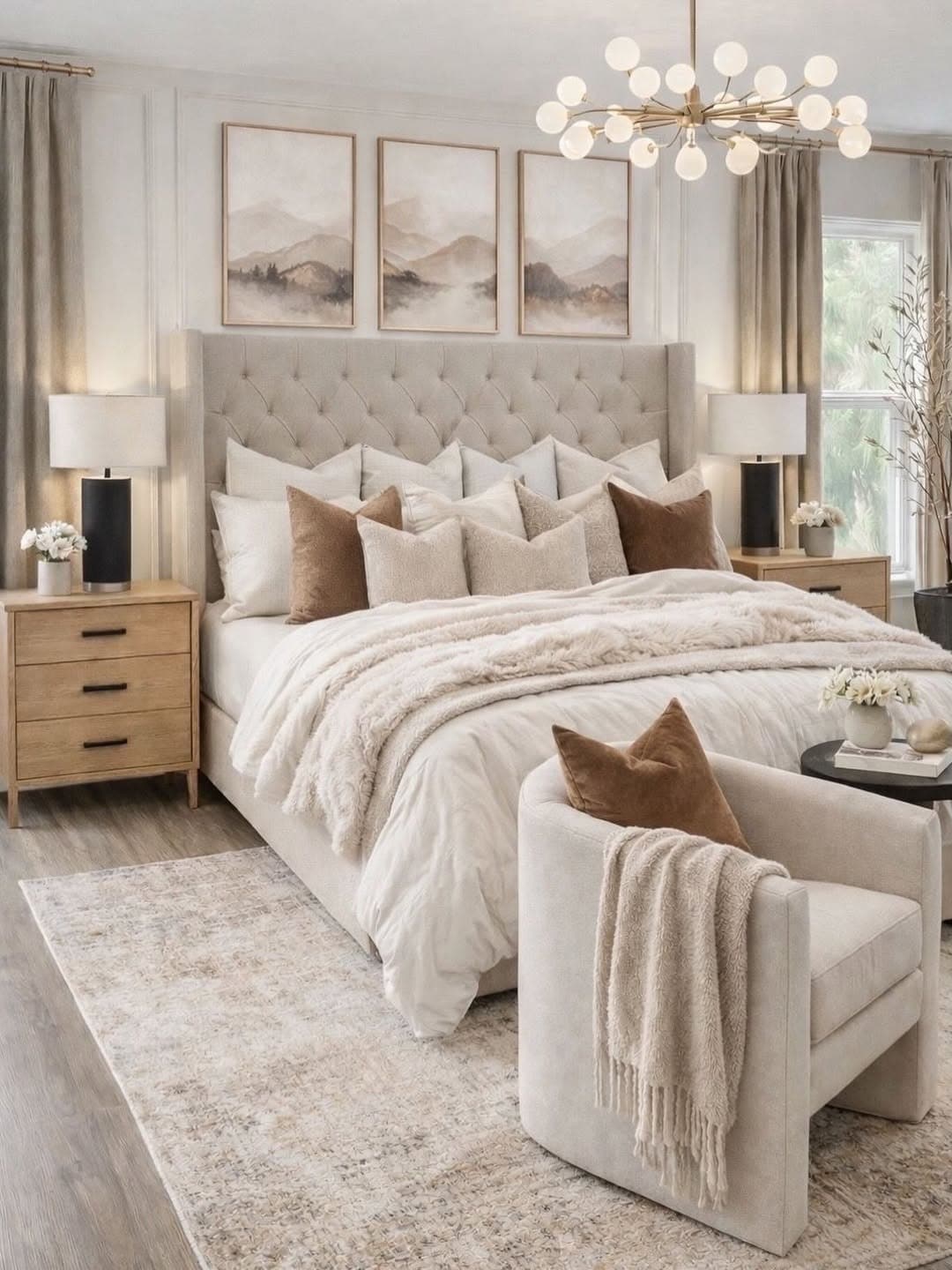 16. Ivory and Chestnut Bedroom with Soft Modern Layers - elegant bedroom ideas