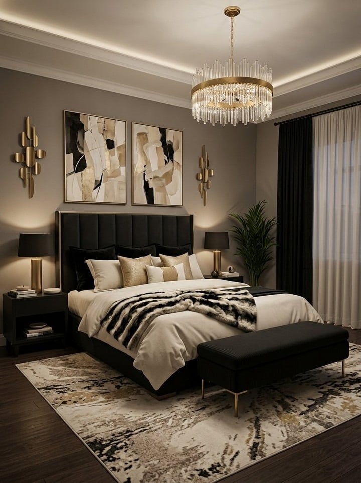 17. Black and Champagne Bedroom with Gold Glamour - elegant bedroom ideas