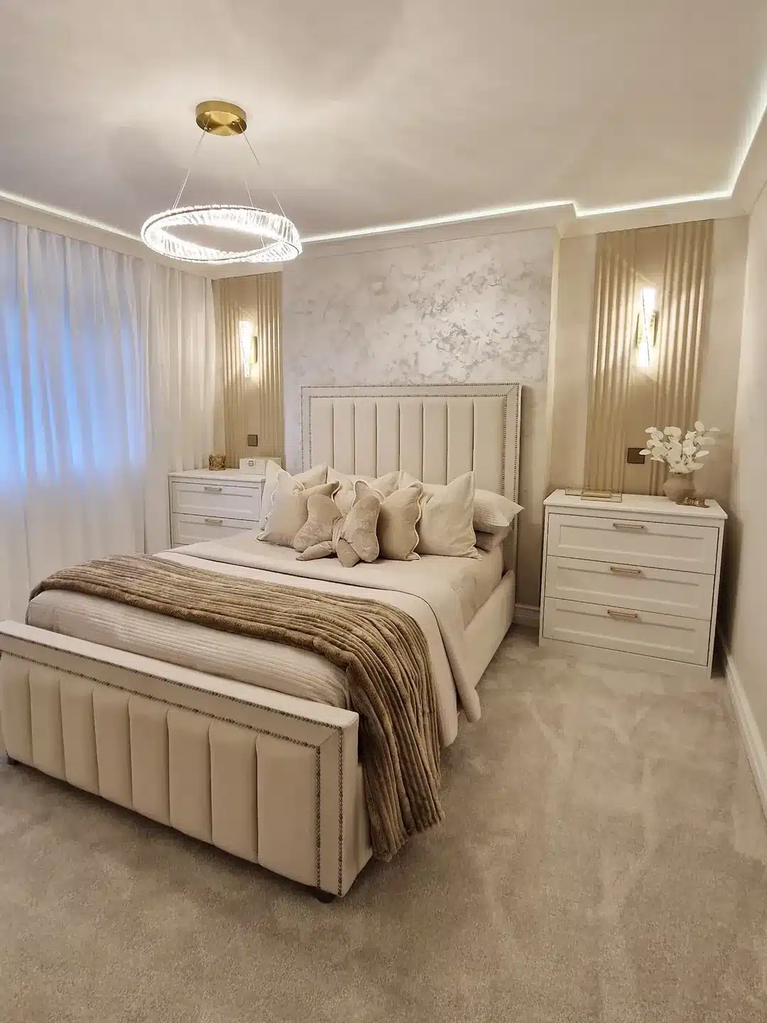 18. Soft Cream and Taupe Bedroom with Crystal Ring Lighting - elegant bedroom ideas