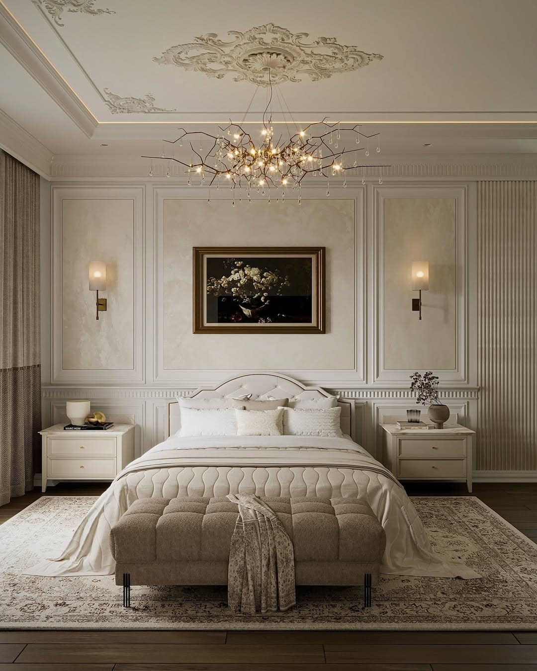 19. Antique White and Warm Taupe Bedroom with Ornate Ceiling Details - elegant bedroom ideas