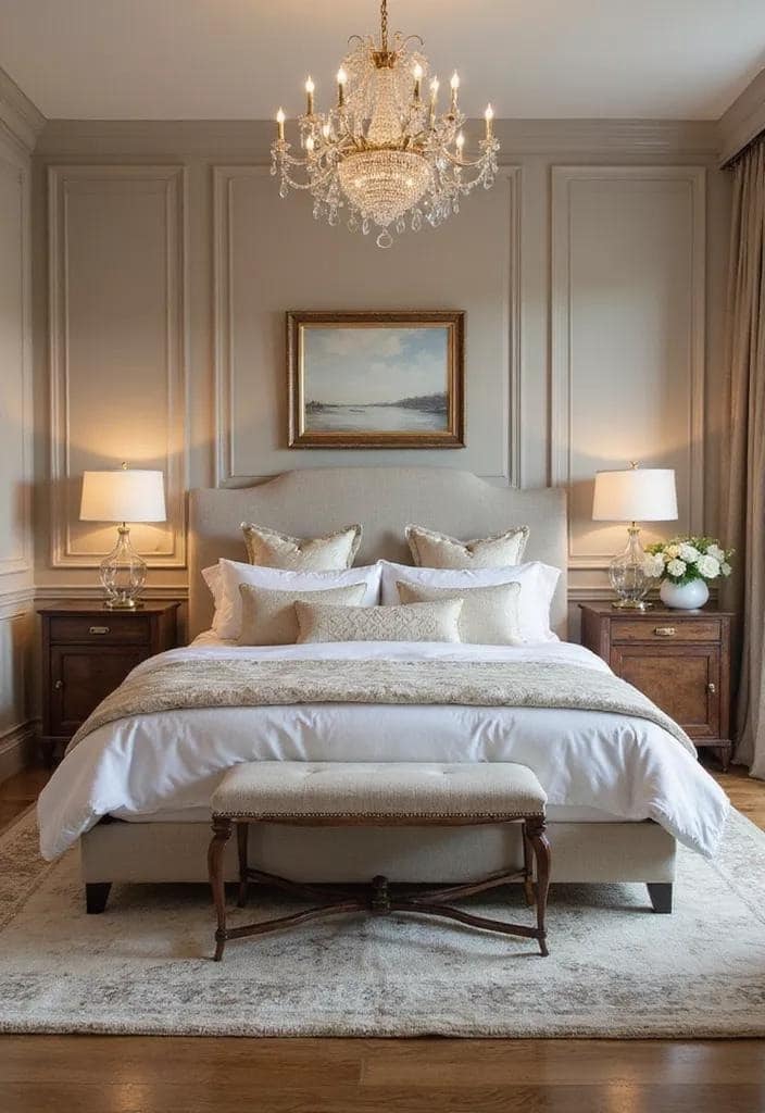 20. Pearl Gray and Warm Walnut Bedroom with Crystal Chandelier - elegant bedroom ideas