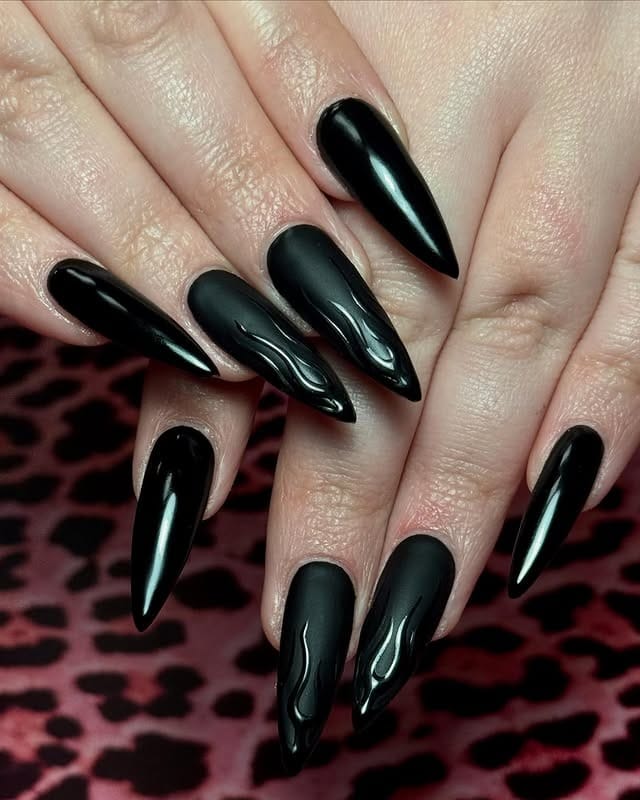 4. Matte and Glossy Black Stiletto Nails - matte black nail ideas