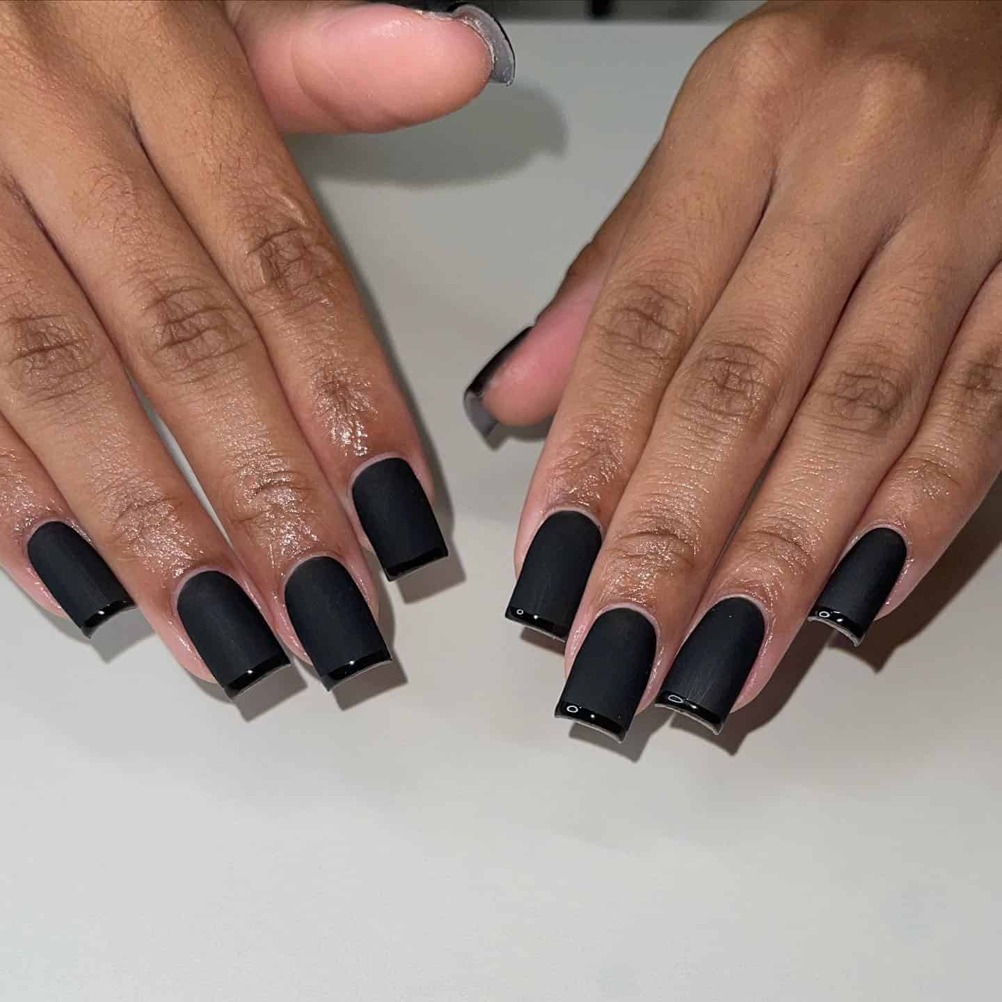 8. Matte Black Square Nails with Glossy Micro Tips - matte black nail ideas
