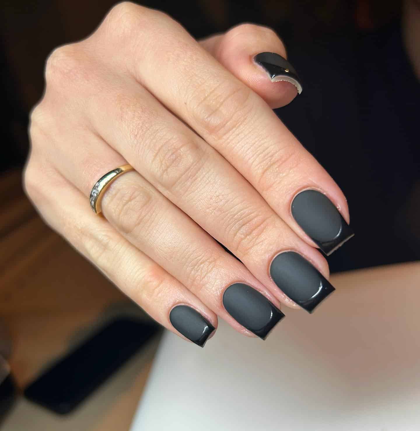 21. Matte Black Square Nails with Glossy French Tips - matte black nail ideas