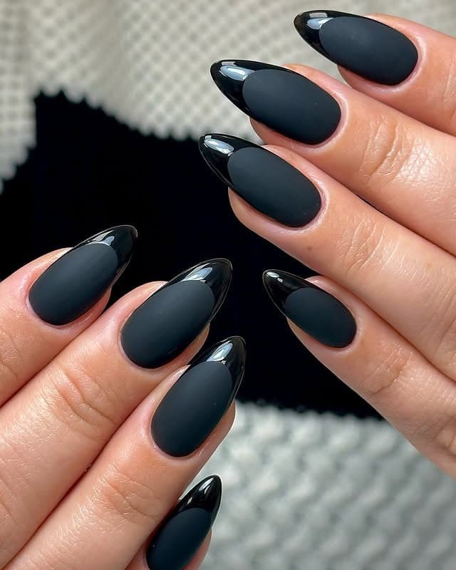22. Matte Black Almond Nails with Glossy Black Tips - matte black nail ideas