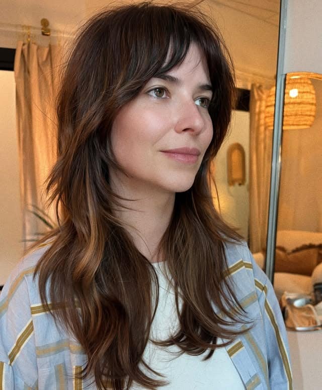 1. Chocolate Brown Butterfly Layers with Curtain Fringe - Fringe Hairstyles