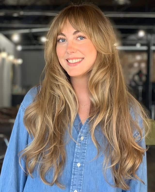 7. Honey Blonde Layers with Feathered Fringe - Fringe Hairstyles