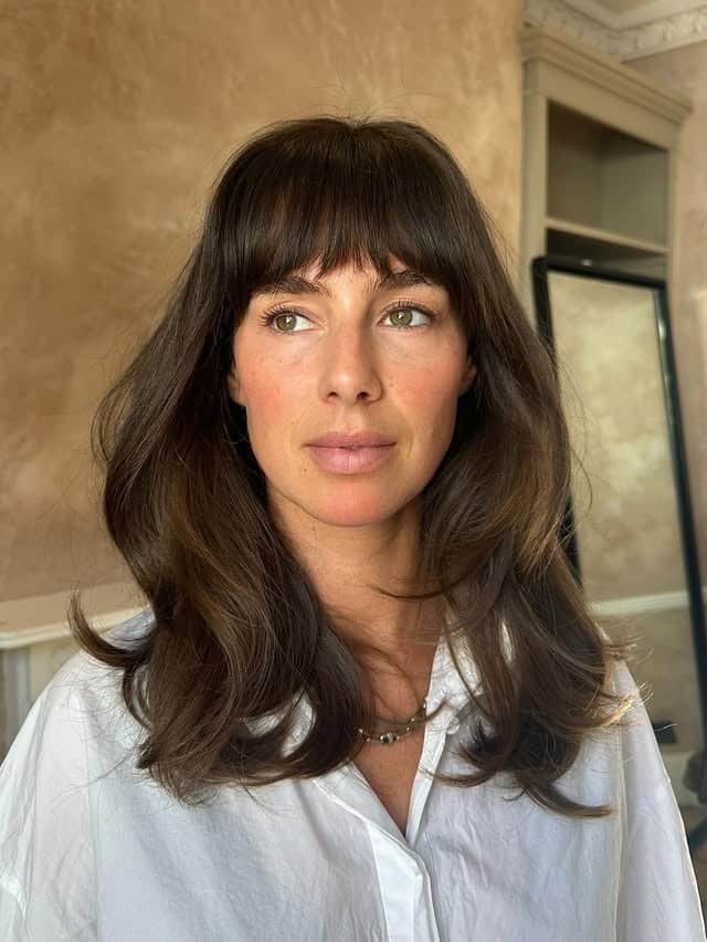 9. Dark Chocolate Lob with Full Fringe - Fringe Hairstyles