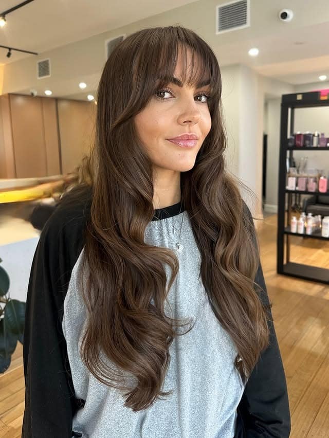 18. Mocha Brown Long Waves with Wispy Fringe - Fringe Hairstyles