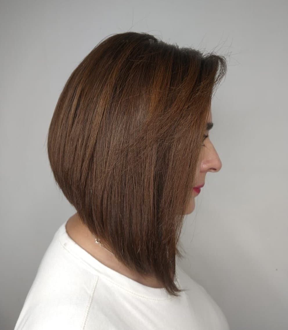 2. Chestnut Brown Long Angled Bob - Angled Bob Hairstyles