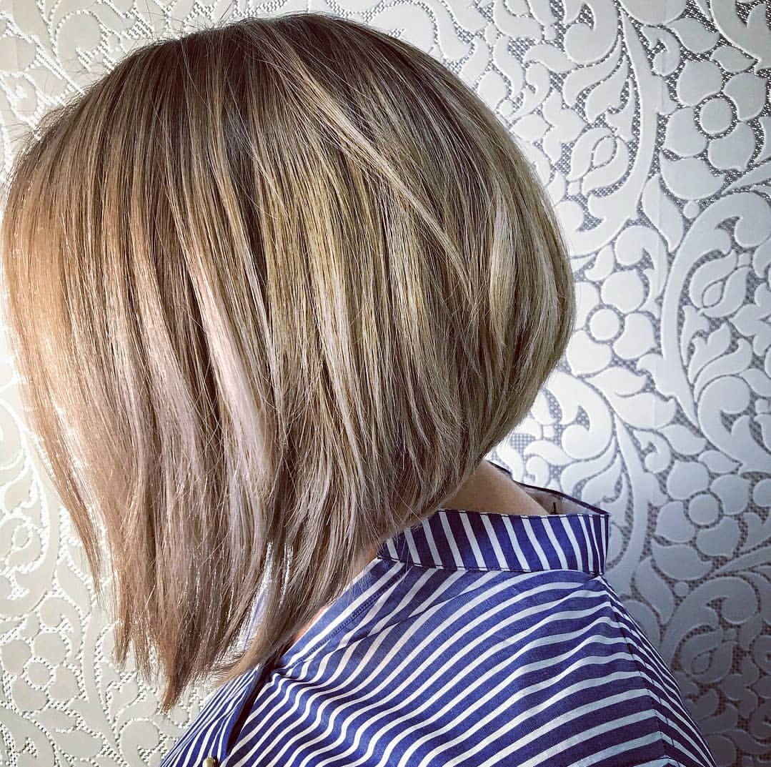6. Beige Blonde Highlighted Angled Bob - Angled Bob Hairstyles