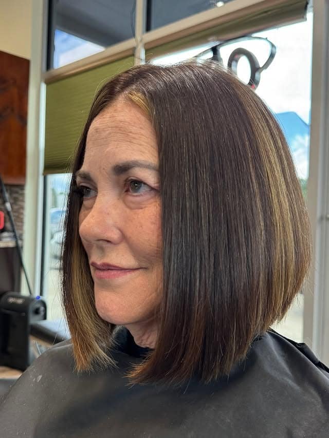 10. Dark Brunette Angled Bob with Caramel Ribbons - Angled Bob Hairstyles