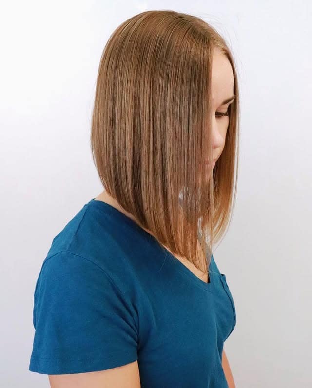 13. Warm Caramel Brown Long Angled Bob - Angled Bob Hairstyles