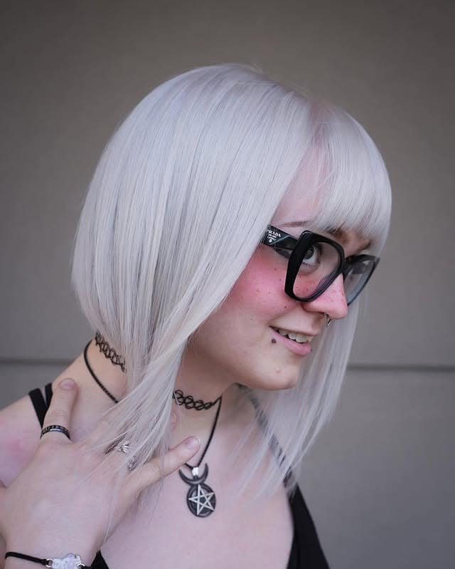 18. Platinum White Angled Bob with Bangs - Angled Bob Hairstyles