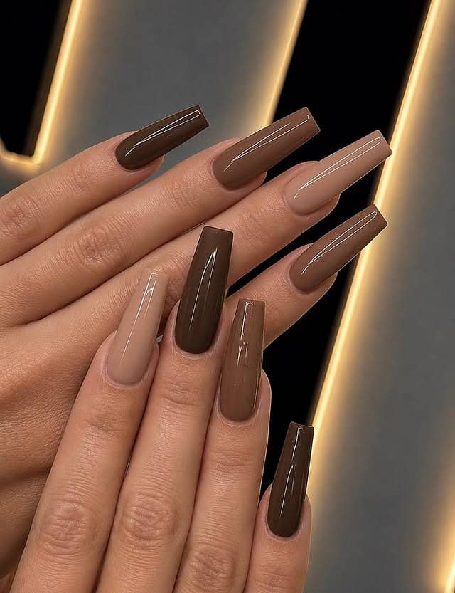 3. Mocha Brown Ombré Coffin Nails - nail ideas for long nails