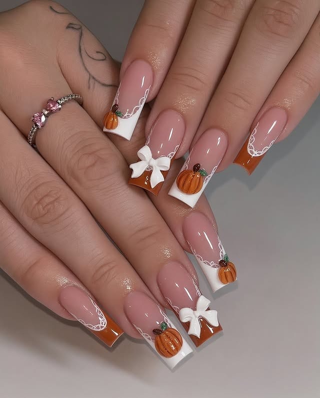 5. Pumpkin Orange French Square Nails - nail ideas for long nails