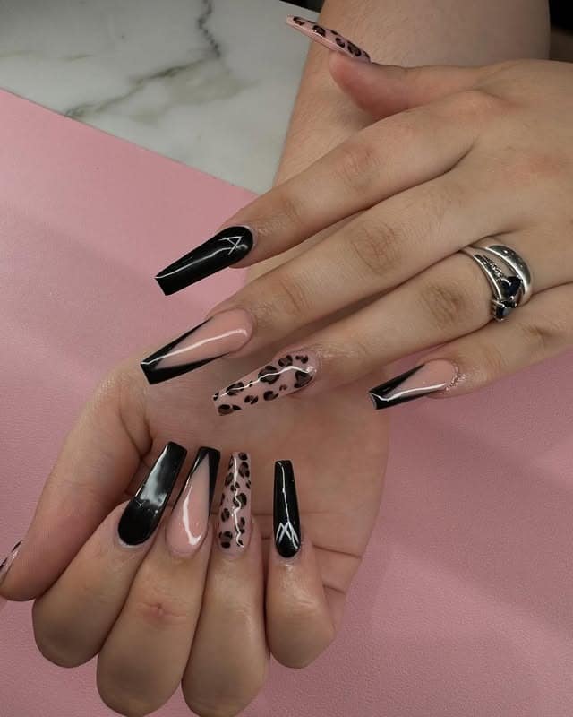 10. Black and Nude Leopard Coffin Nails - nail ideas for long nails
