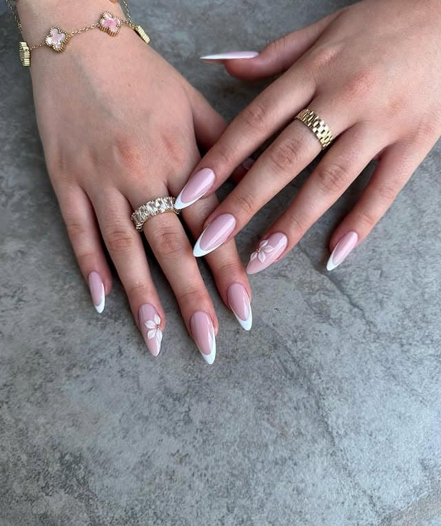 11. Blush Pink Floral French Almond Nails - nail ideas for long nails