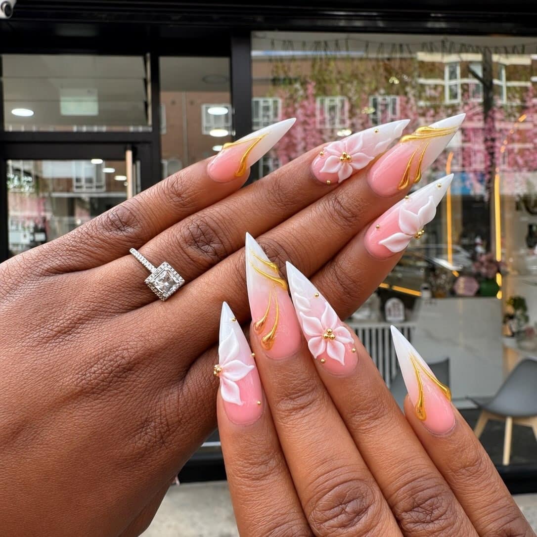 12. Pink and White 3D Floral Stiletto Nails - nail ideas for long nails
