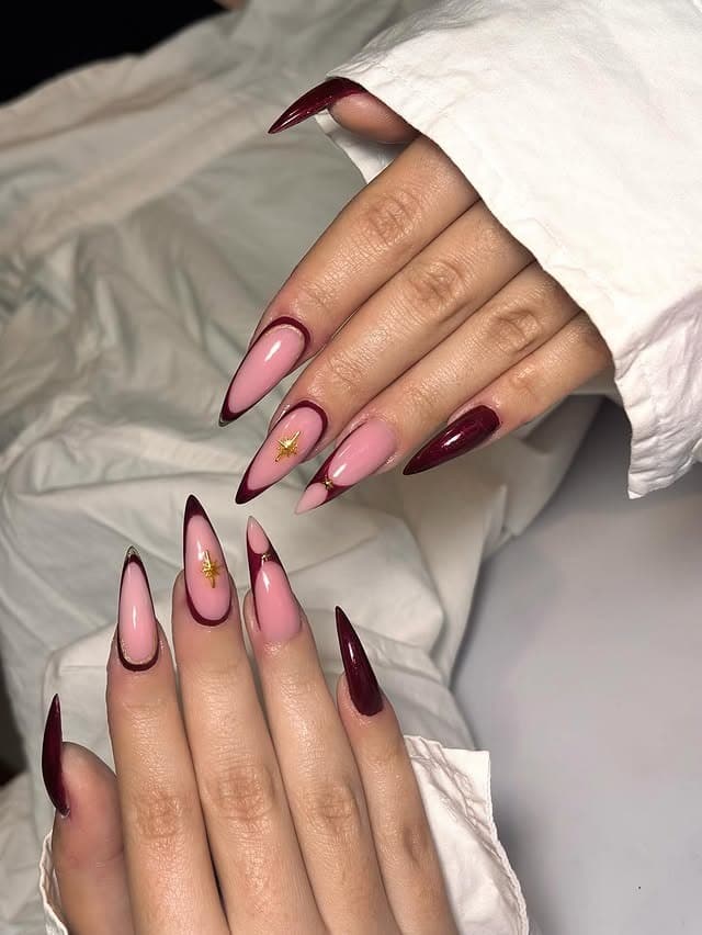15. Burgundy and Pink Outline Stiletto Nails - nail ideas for long nails