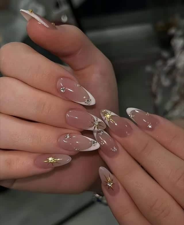 17. Nude White Starburst Almond Nails - nail ideas for long nails