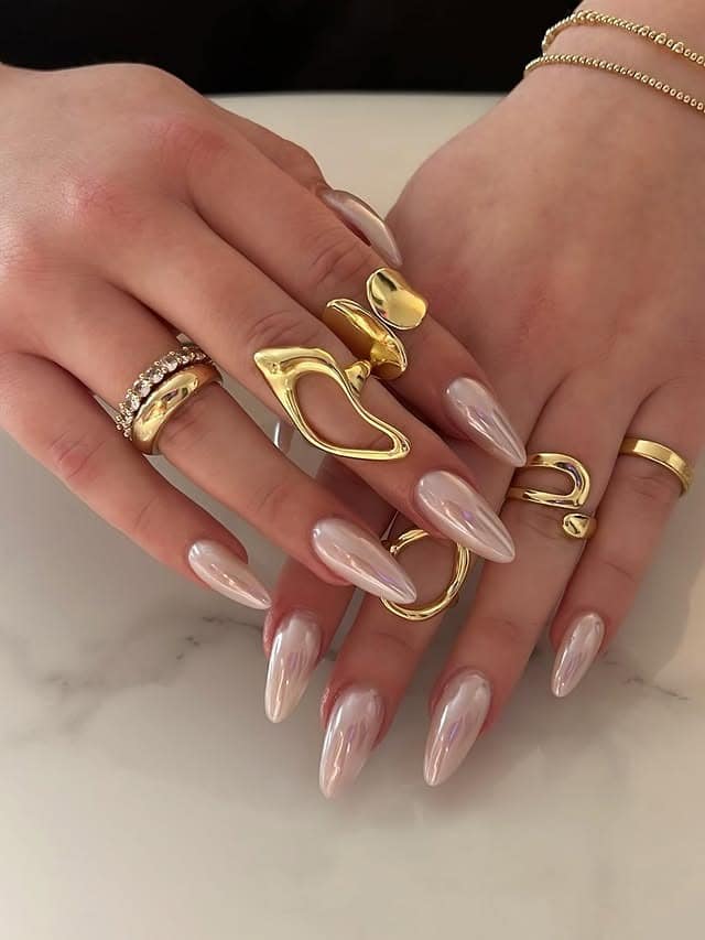 18. Pearl Pink Chrome Almond Nails - nail ideas for long nails