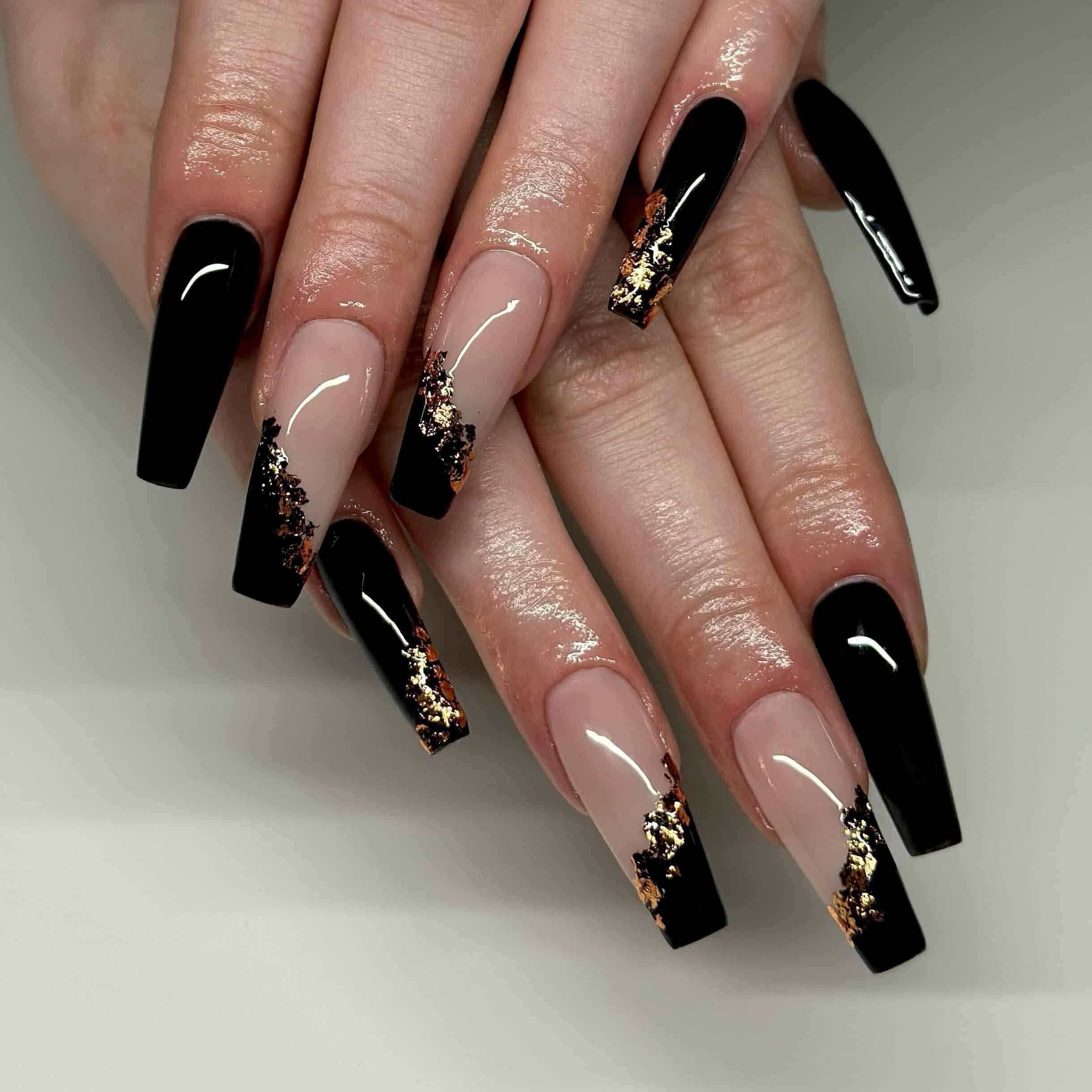 20. Black and Gold Foil Coffin Nails - nail ideas for long nails