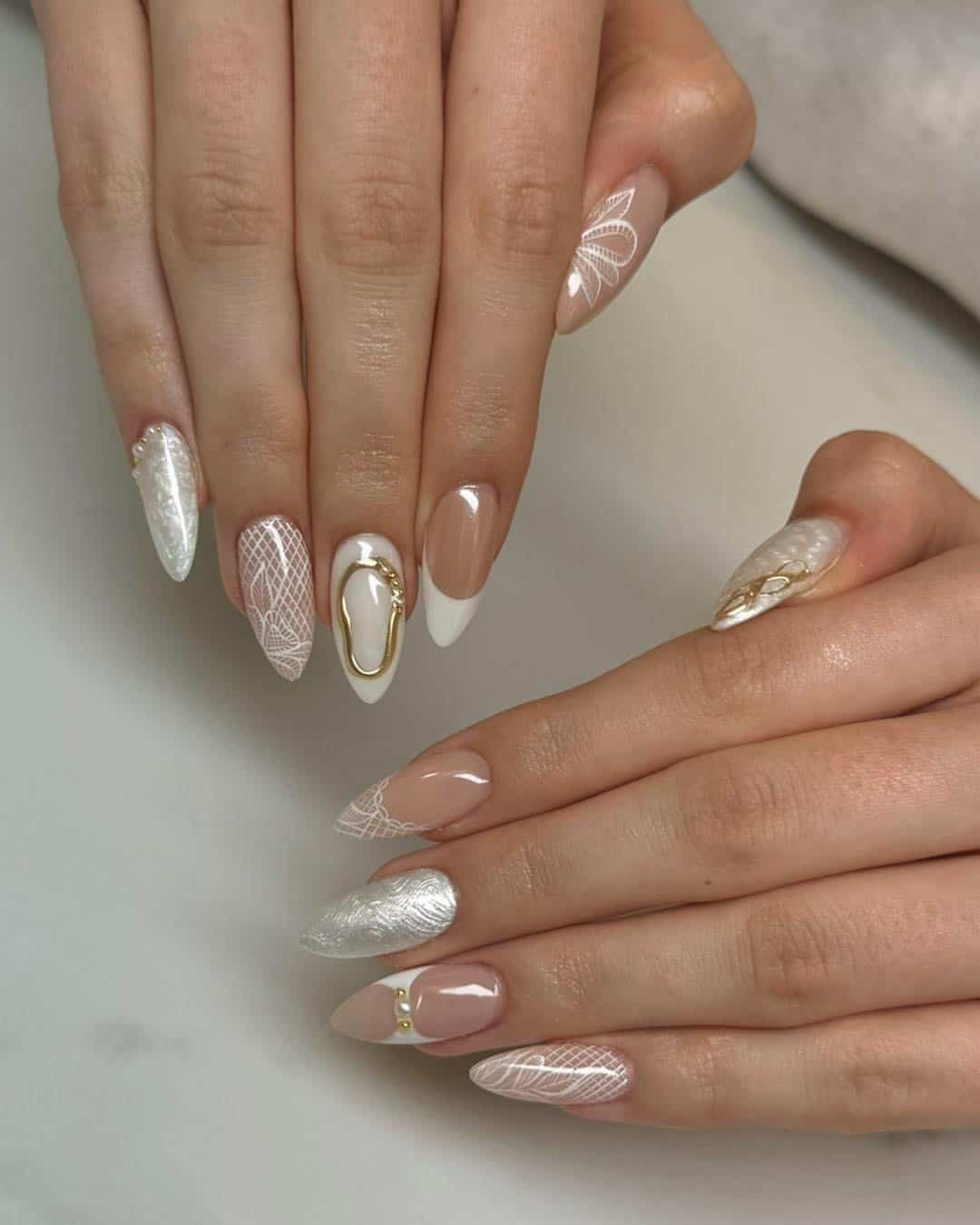 21. Ivory Lace and Pearl Almond Nails - nail ideas for long nails