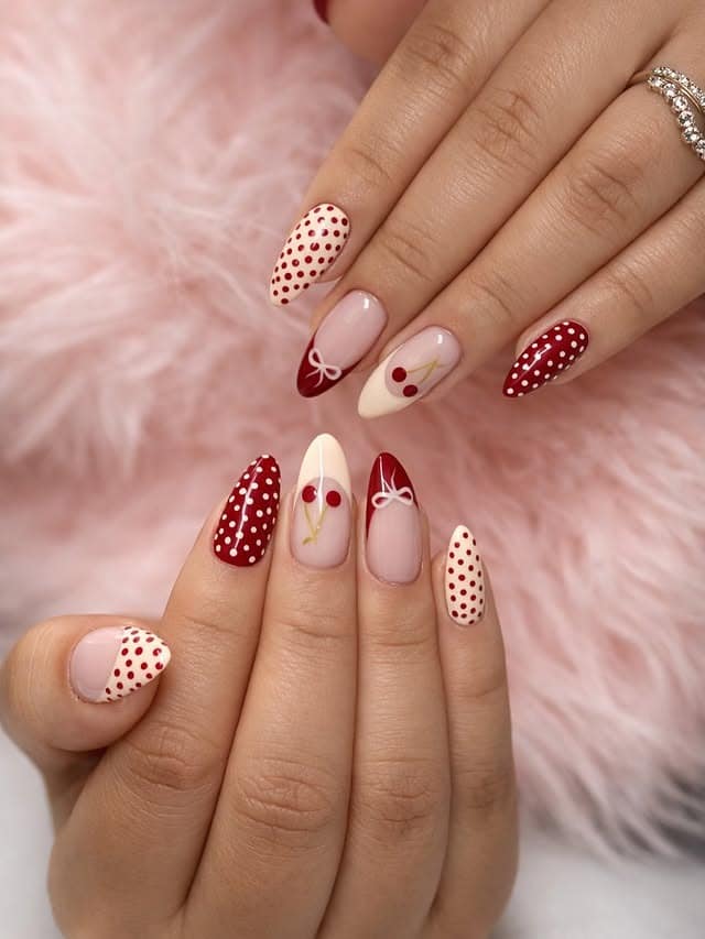 1. Cherry Red Polka Dot Almond Nails - red and white nail ideas
