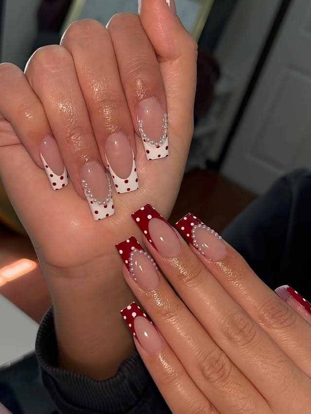 3. Red and White Pearl Square French Nails - red and white nail ideas