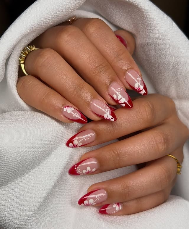 5. Red Floral French Almond Nails - red and white nail ideas