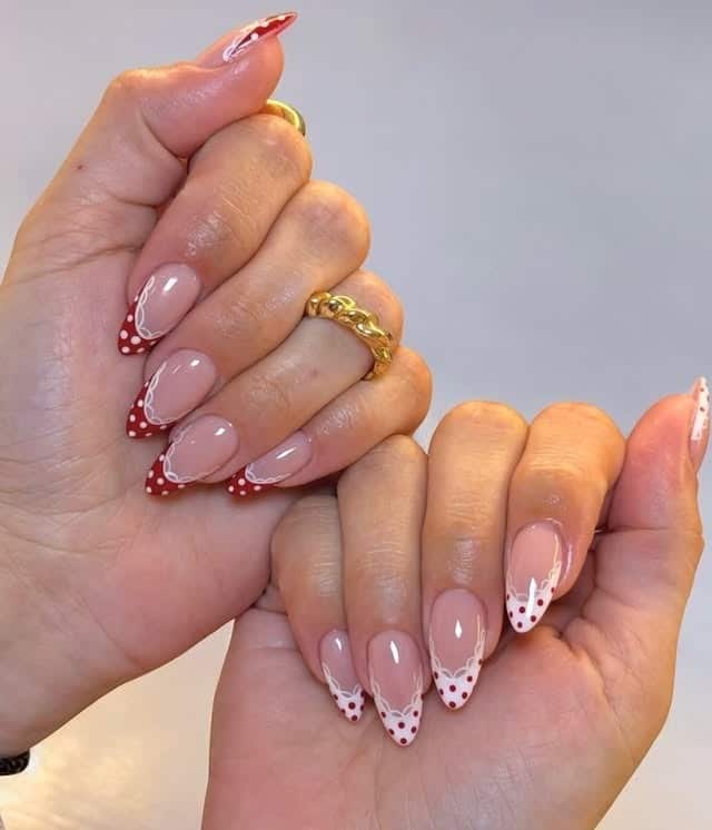 6. Red and White Lace Polka Dot Nails - red and white nail ideas