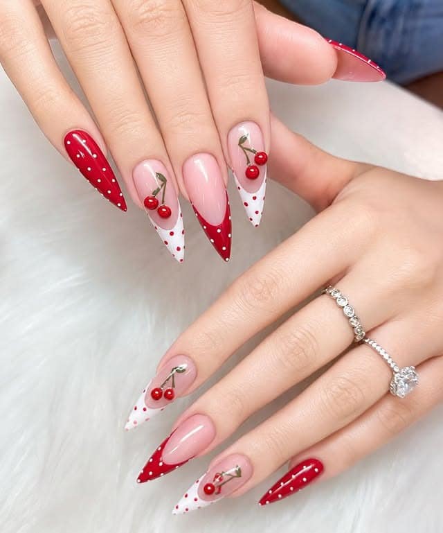 12. Cherry Red and White Stiletto Nails - red and white nail ideas