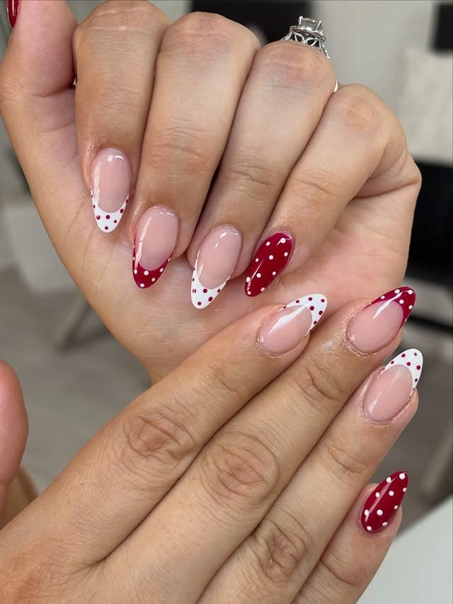 14. Red and White Polka Dot French Almond Nails - red and white nail ideas