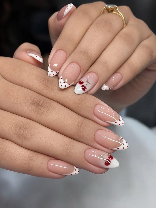16. White French Cherry Almond Nails - red and white nail ideas