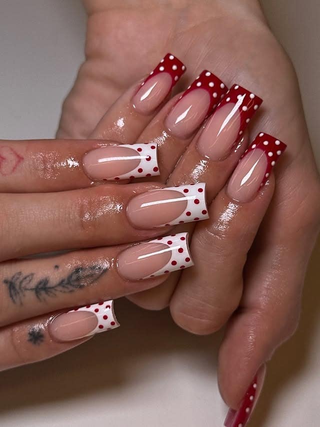 17. Red and White Polka Dot Square French Nails - red and white nail ideas