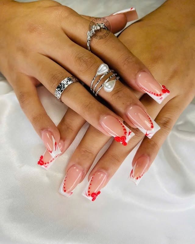 18. Red Bow White French Square Nails - red and white nail ideas