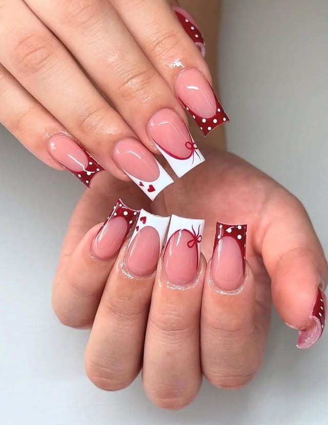 20. Red and White Bow Square Nails - red and white nail ideas