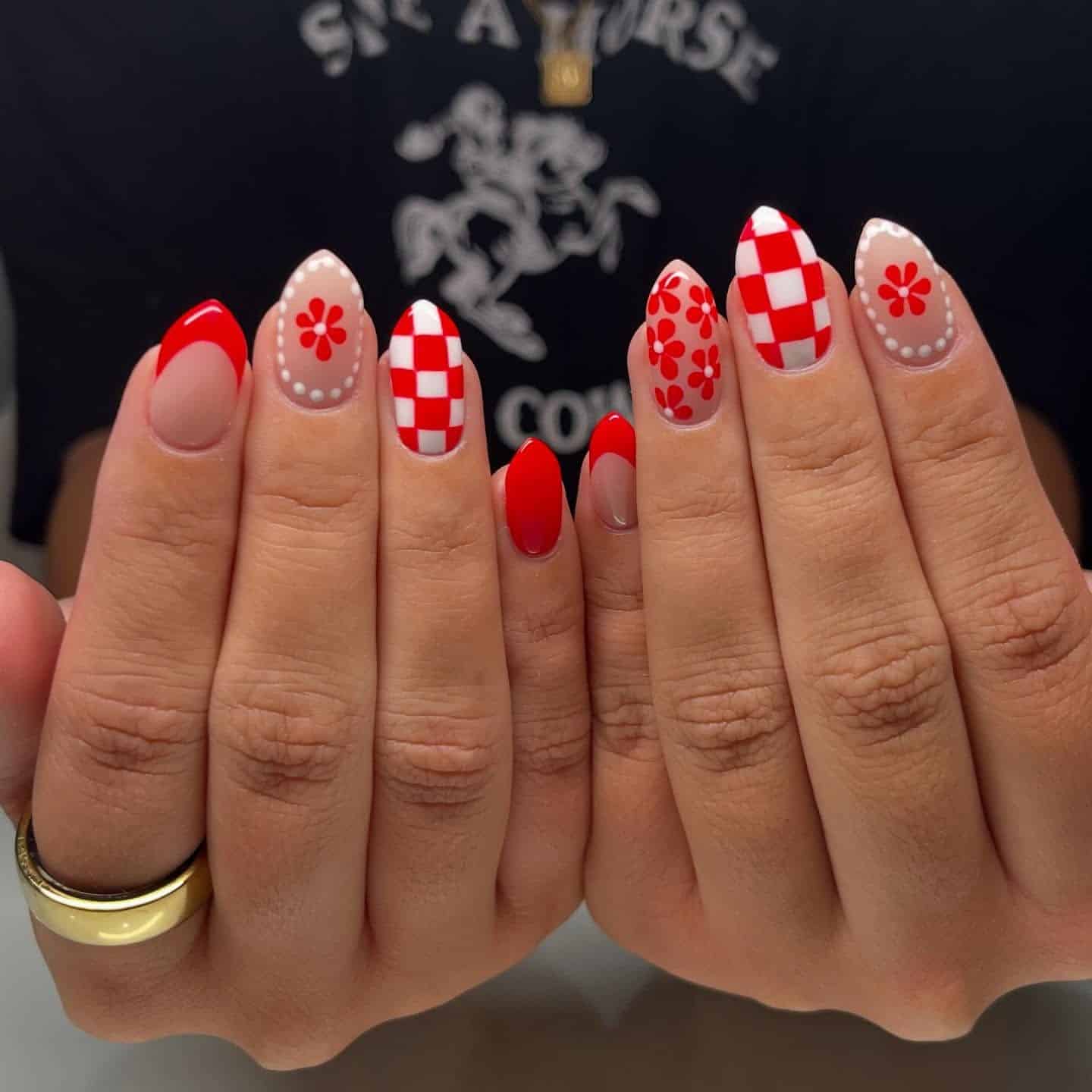 21. Red and White Checkerboard Floral Almond Nails - red and white nail ideas