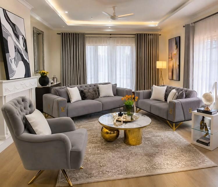 4. Elegant Gray and Beige Living Room with Gold Details - gray and beige living room ideas