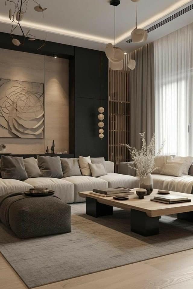5. Contemporary Greige Living Room with Dark Accent Wall - gray and beige living room ideas