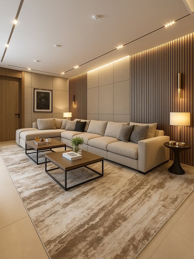 6. Luxury Beige and Gray Living Room with Wood Slat Wall - gray and beige living room ideas