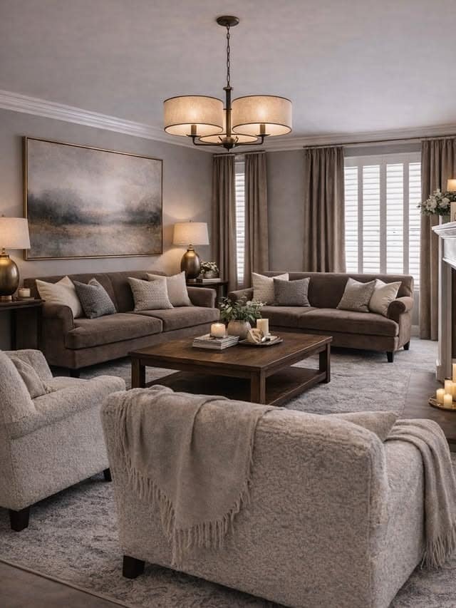 7. Classic Gray and Beige Living Room with Warm Wood - gray and beige living room ideas